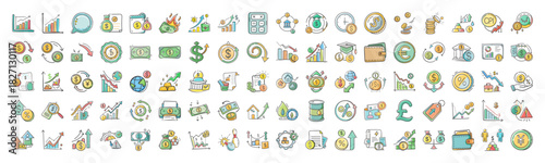 Collection of hand drawn business and finance icons set illustrating economic concepts and data