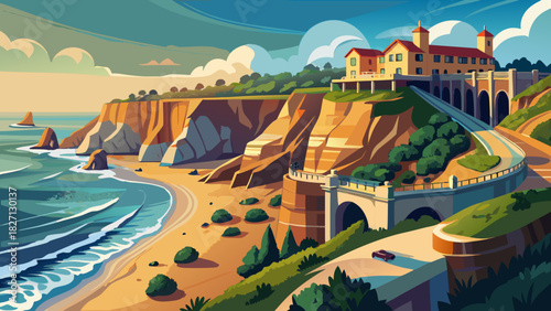 Very beautiful coastal scene showcasing Newport’s Cliff Walk, featuring rugged seaside cliffs, walking paths along the shoreline, crashing waves, and a serene New England oceanfront atmosphere.