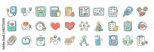 Comprehensive hand-drawn health, medical monitoring, wellness, and data tracking doodle icon set.