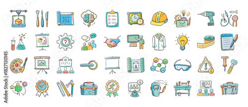 Hand-drawn doodle icons for science, technology, industry, and business concepts