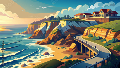 Very beautiful coastal scene showcasing Newport’s Cliff Walk, featuring rugged seaside cliffs, walking paths along the shoreline, crashing waves, and a serene New England oceanfront atmosphere.
