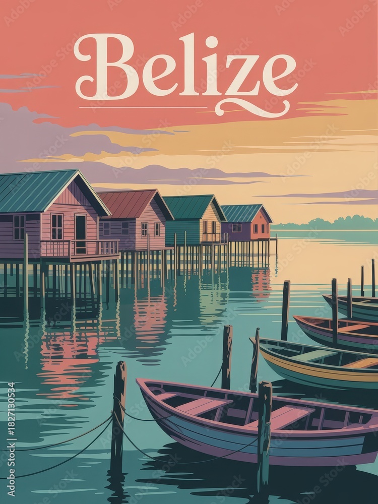Fototapeta premium Vibrant wooden houses on stilts reflect in calm waters under a colorful sunset sky. Small boats are anchored nearby, creating a serene coastal scene in Belize.