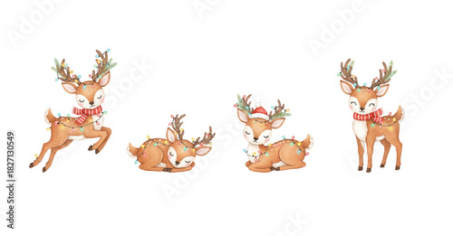 Whimsical cartoon reindeer with festive lights and accessories in watercolor style. Perfect for holiday designs, packaging, kids’ decor, and cheerful winter-themed creative projects.