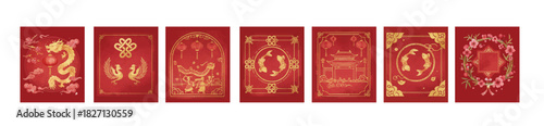 Elegant red envelopes with gold Chinese motifs—dragons, phoenixes, lanterns, and plum blossoms. Perfect for Lunar New Year designs, festive packaging, and cultural celebration projects.