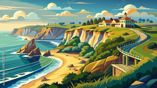 Very beautiful coastal scene showcasing Newport’s Cliff Walk, featuring rugged seaside cliffs, walking paths along the shoreline, crashing waves, and a serene New England oceanfront atmosphere.