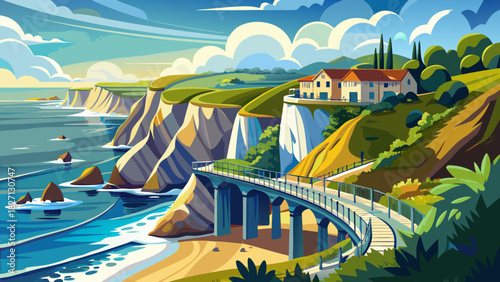 Very beautiful coastal scene showcasing Newport’s Cliff Walk, featuring rugged seaside cliffs, walking paths along the shoreline, crashing waves, and a serene New England oceanfront atmosphere.