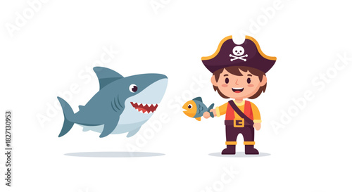 Cute cartoon pirate boy and friendly shark animation perfect for maritime