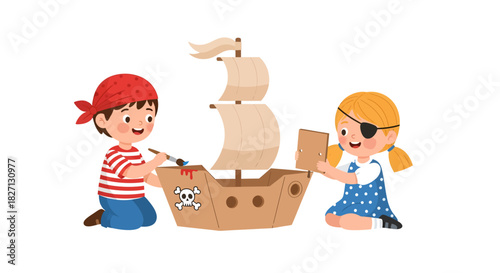 Children Playing with a Wooden Pirate Ship Toy During Playtime
