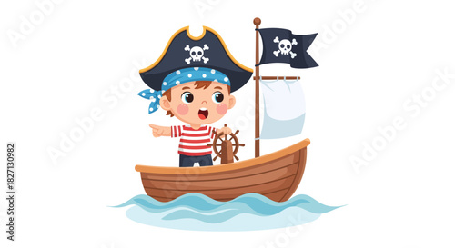 Adventurous young pirate captain navigating a small boat with a playful and