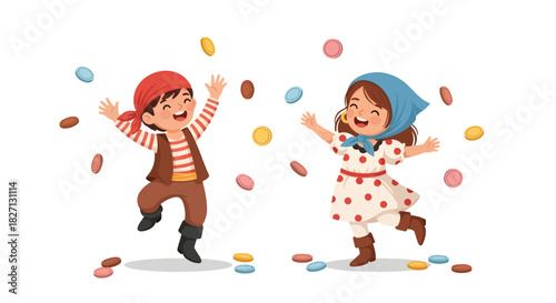 Joyful children playing with colorful confetti and falling candies in cheerful