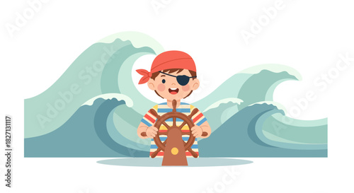 Playful young child dressed as a pirate navigating a whimsical ocean scene