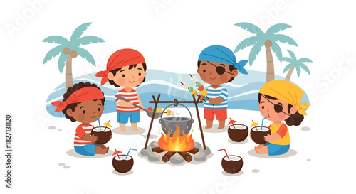 Children Enjoying a Tropical Beach Campfire Adventure with Coconut Drinks