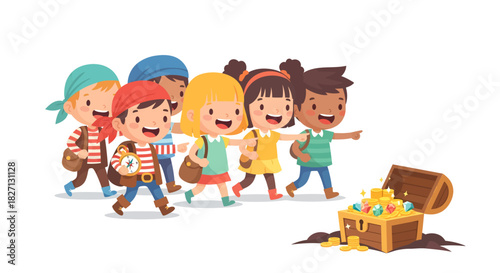 Joyful children embarking on adventure with treasure chest full of treasures