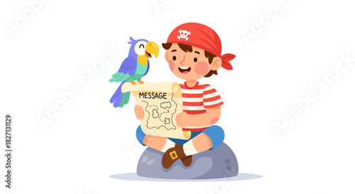 Children Engaged in Playful Pirate Adventure with Parrot and Treasure Map