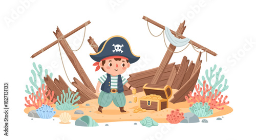 Cartoon Pirate Kid Standing Amid Debris and Treasure Chest on Seaside Beach