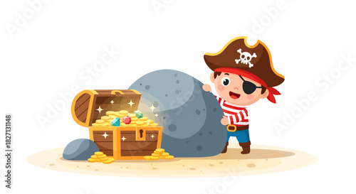 Playful pirate character discovering hidden treasures on a sandy beach