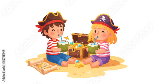 Adventurous kids dressed as pirates sharing tropical drinks and discovering