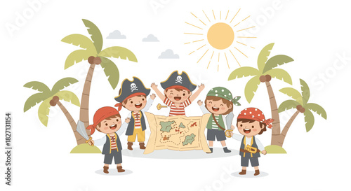 Adventurous children dressed as pirates exploring a tropical island with palm