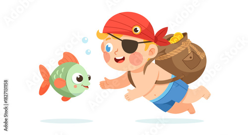 Adventurous little boy with pirate eye patch swimming towards a cheerful fish