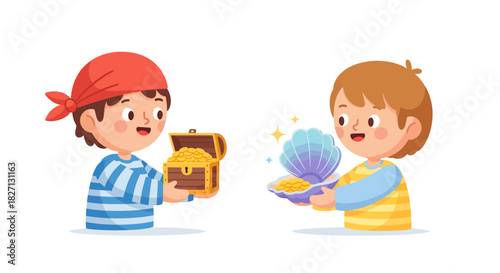 Children Engaged in a Treasure and Shell Discovery Adventure with Excitement