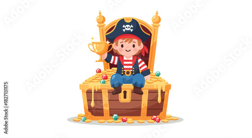 Cute child dressed as a playful pirate sitting on a treasure chest filled with
