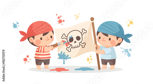 Children Painting a Skull and Crossbones Flag in a Creative and Playful Style
