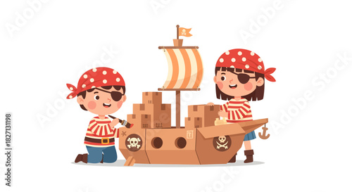 Cute Pirate Children Playing with a Wooden Pirate Ship Toy Setup for Kids