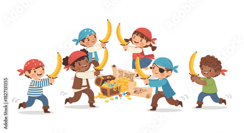 Joyful children playing with bananas and treasure chest in lively outdoor scene
