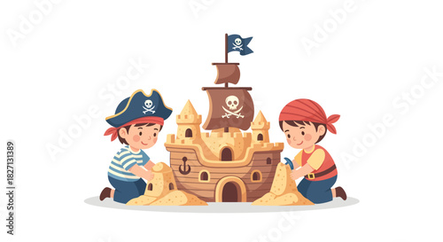 Children Building a Creative Pirate Ship Sandcastle on the Beach with Playful