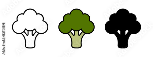 Broccoli Vegetable Icons in Varied Styles Depicting Outline, Solid Color, and Silhouette