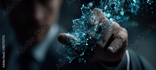 Hand creating glowing digital data particles. Generated with ia