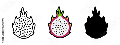 Dragon Fruit Slices: Colorful Line Art and Black Silhouette Icons on White Background