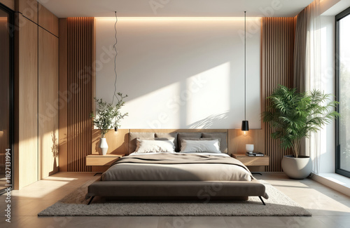 Modern minimalist bedroom interior with kingsize bed. Sunlight streams in highlighting plants, wooden panels, neutral decor. Clean, serene space designed for comfort, style, perfect for relaxation.