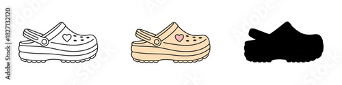 Comfortable Clog Style Shoes Displaying Line Art, Solid Color, and Shadow Variations