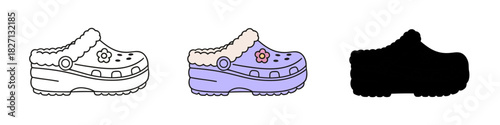 Trendy Platform Clog Illustration Set with Fluffy Trim in Lilac Color and Outline Versions