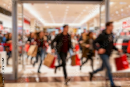 blur image of Hordes of shoppers crowded the flagship store anxiously to shop on the day after Thanksgiving, Black Friday.