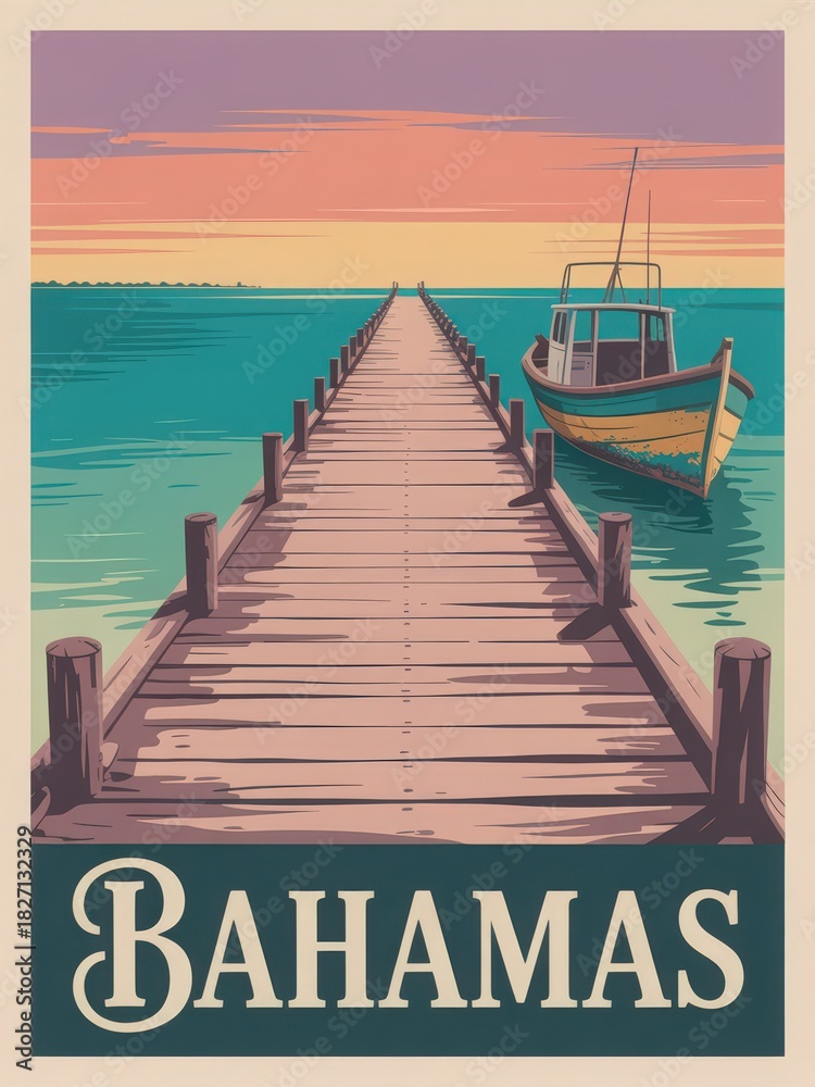 Fototapeta premium A vibrant sunset paints the sky in shades of orange and purple above a long wooden dock. A small fishing boat rests peacefully at the side, surrounded by calm turquoise waters.