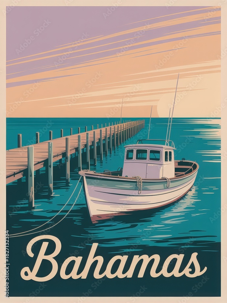 Fototapeta premium A small boat is moored near a wooden dock in the Bahamas during a serene sunset. The sky shows warm colors, while the water reflects the tranquility of the scene.