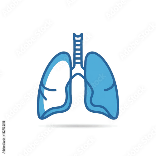 Blue medical illustration of human lungs showing internal airways and trachea in a stylized graphic.