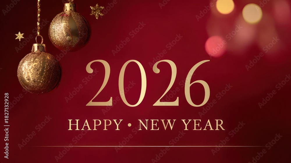 Naklejka premium Elegant golden 2026 new year greeting with festive ornaments and bokeh lights on red background