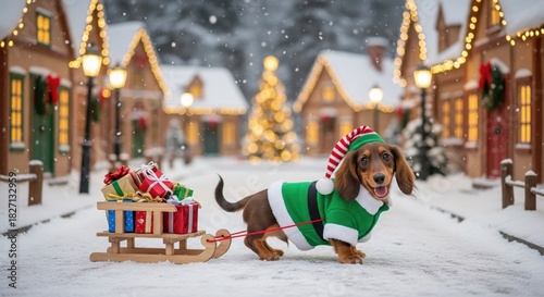 Dachshund puppy dressed as Santa helper pulling tiny sled with gifts in snowy Christmas village street for Christmas and Happy New Year