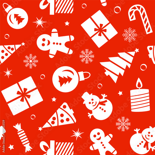 Seamless pattern featuring Christmas symbols on a vibrant red background