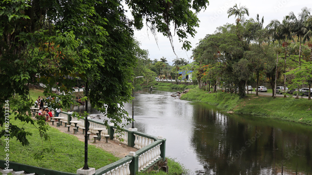 Obraz premium Historic city of Morretes, bisected by the Nhundiaquara River, on the coast of the state of Paraná, Brazil.