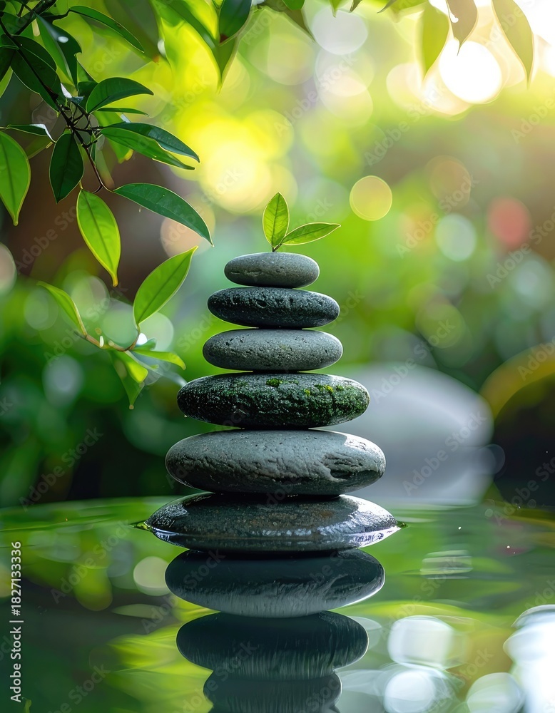 Obraz premium Stacked stones with green leaves, serene water reflection, and nature bokeh background