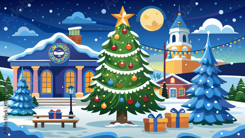 Very beautiful festive outdoor scene featuring a snow-covered Christmas tree adorned with ornaments, with the Rhode Island state flag gently waving nearby, creating a cheerful New England holiday atmo