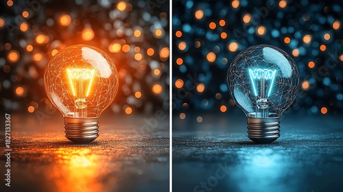 Two light bulbs glowing with orange and blue light energy efficient lighting solutions comparison