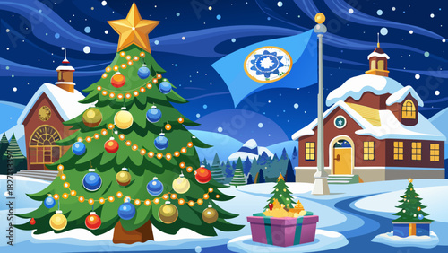 Very beautiful festive outdoor scene featuring a snow-covered Christmas tree adorned with ornaments, with the Rhode Island state flag gently waving nearby, creating a cheerful New England holiday atmo