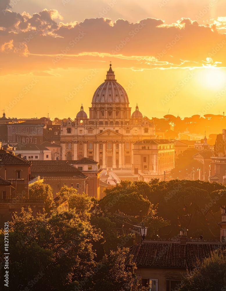 Fototapeta premium Vatican City at sunset, bathed in golden light, a stunning cityscape