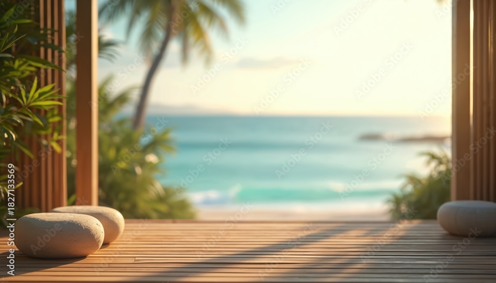 Obraz premium View of calm ocean waves from wooden deck with natural bamboo walls. Tropical palm trees and bright sunny sky visible. Peaceful serene beach retreat setting.