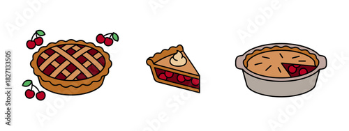 Cherry Pie Grouping with Crust Lattice and a Cut Piece on a White Background